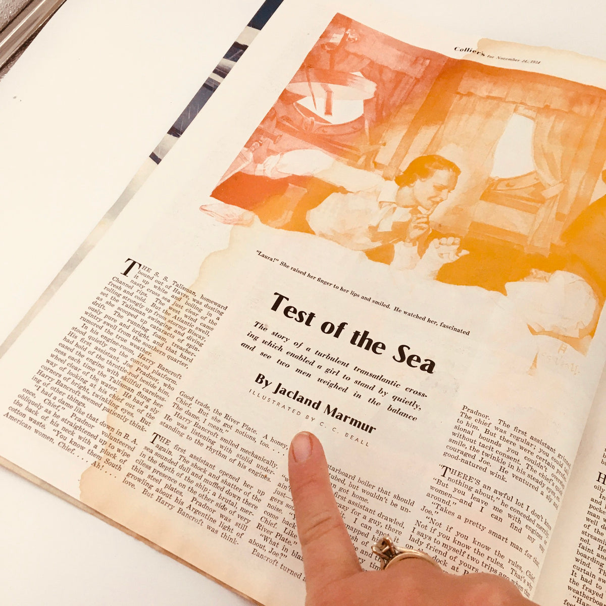 Another interior page of the VTG Collier's Magazine from November 24, 1934 titled 'Test of the Sea', including text and an illustration that captures the essence of its storytelling.