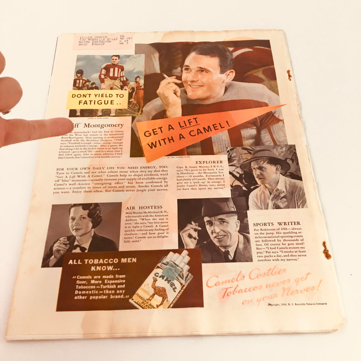 Back cover of VTG Collier's Magazine November 24 1934 featuring advertisements for Camel cigarettes and various professions, highlighting energy and lifestyle choices. Notable image of 'Jeff Montgomery' and vintage promotions with visible wear.