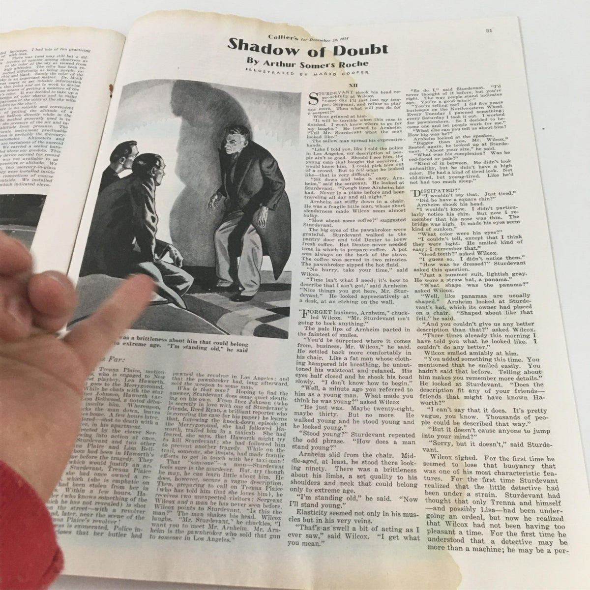 Interior page featuring 'Shadow of Doubt' by Arthur Somers Roche in VTG Collier's Magazine December 29 1934, showcasing an illustration and text.