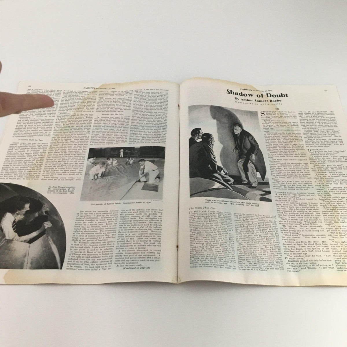 Two-page spread of 'Shadow of Doubt' by Arthur Somers Roche in VTG Collier's Magazine December 29 1934, displaying text and art.