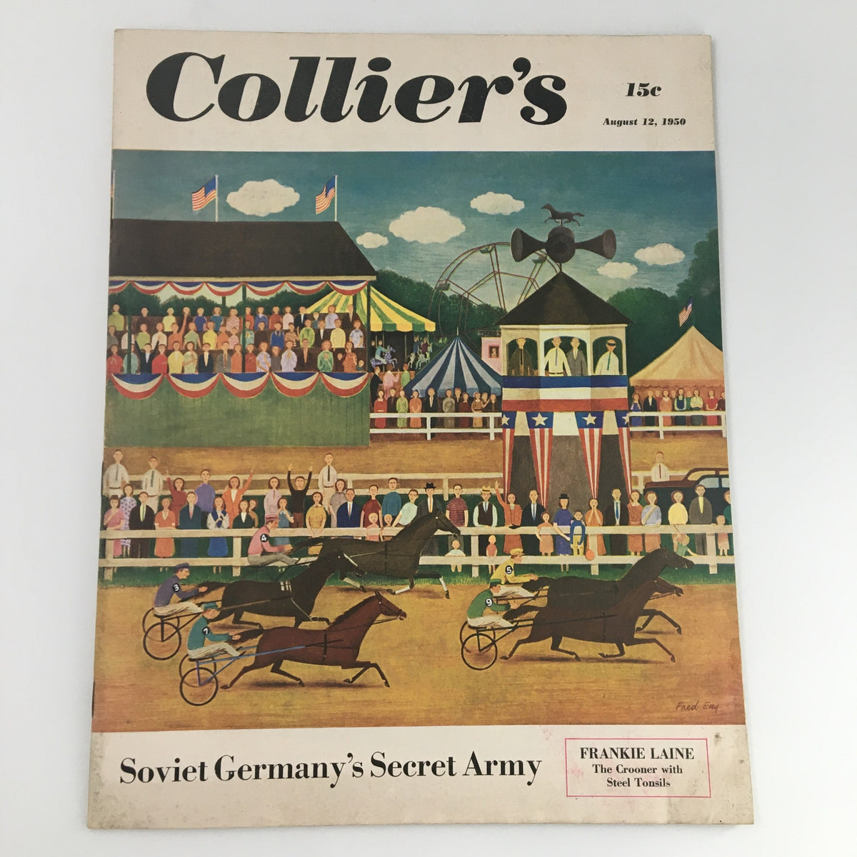 Cover of VTG Collier's Magazine from August 12, 1950 featuring the title 'Soviet Germany's Secret Army', depicting a horse racing scene with a crowd and colorful banners.