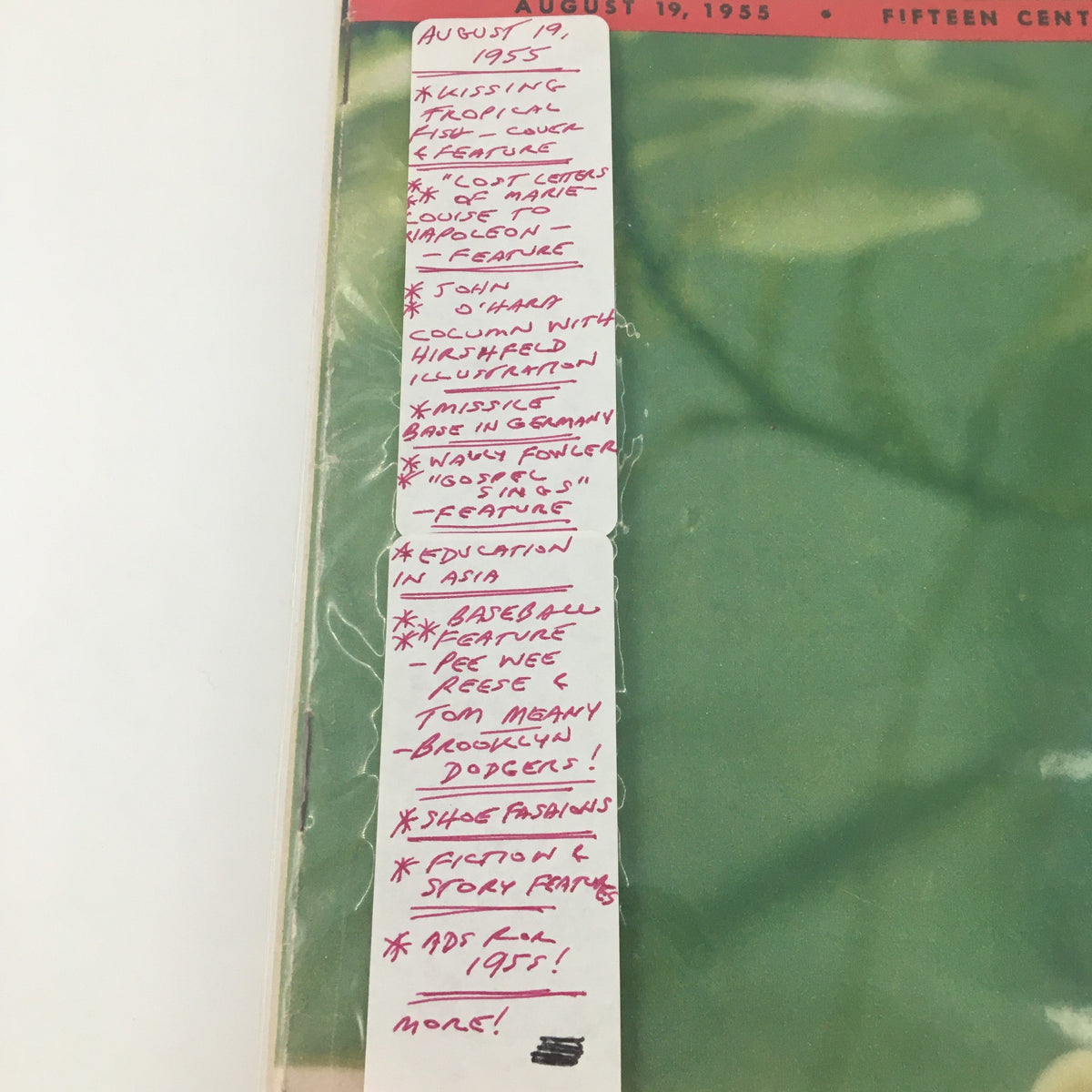 Inside page of VTG Collier's Magazine August 19 1955, listing featured articles including Kissing Tropical Fish and Lost Letters of Marie-Louise to Napoleon.