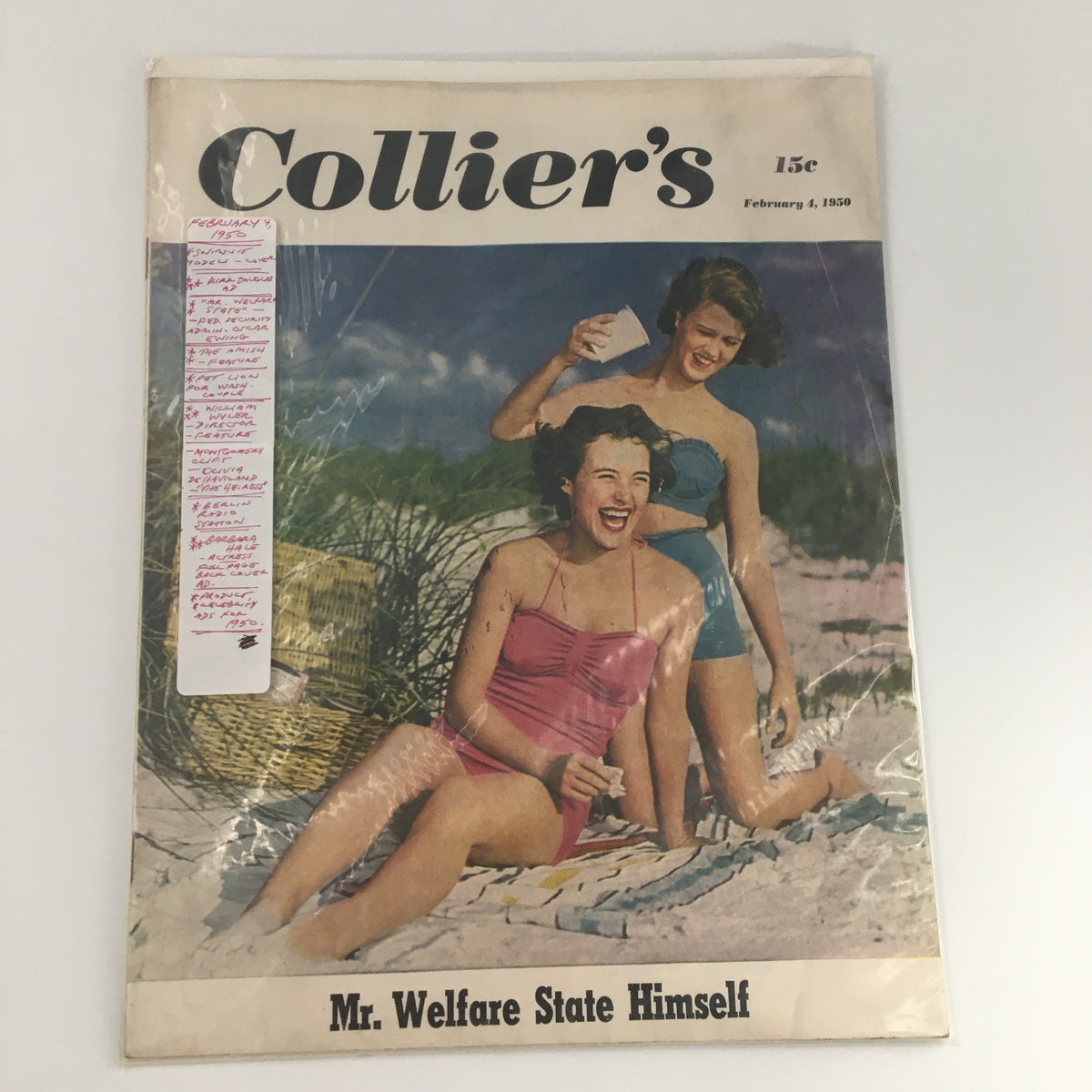 Cover of VTG Collier's Magazine from February 4, 1950, featuring 'Mr. Welfare State Himself,' showcasing two women on the beach in swimsuits, representing the charm of mid-century America.