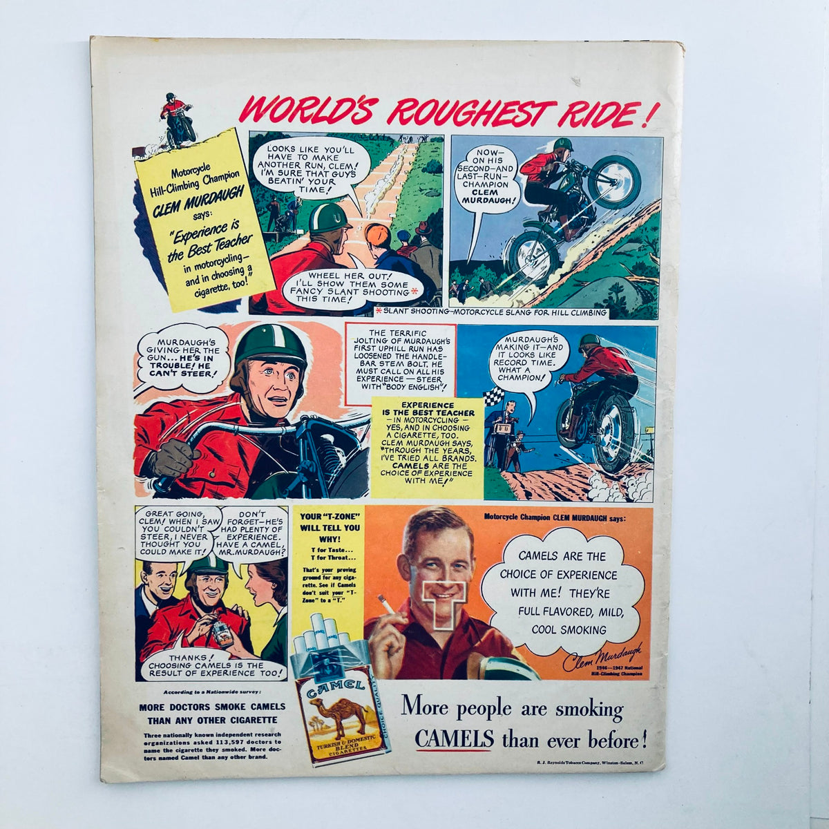 Back cover of Vintage Look Magazine May 25, 1948 Vol 12 No. 11 showcasing a colorful advertisement for Camel cigarettes featuring motorcycle champion Clem Murduagh.
