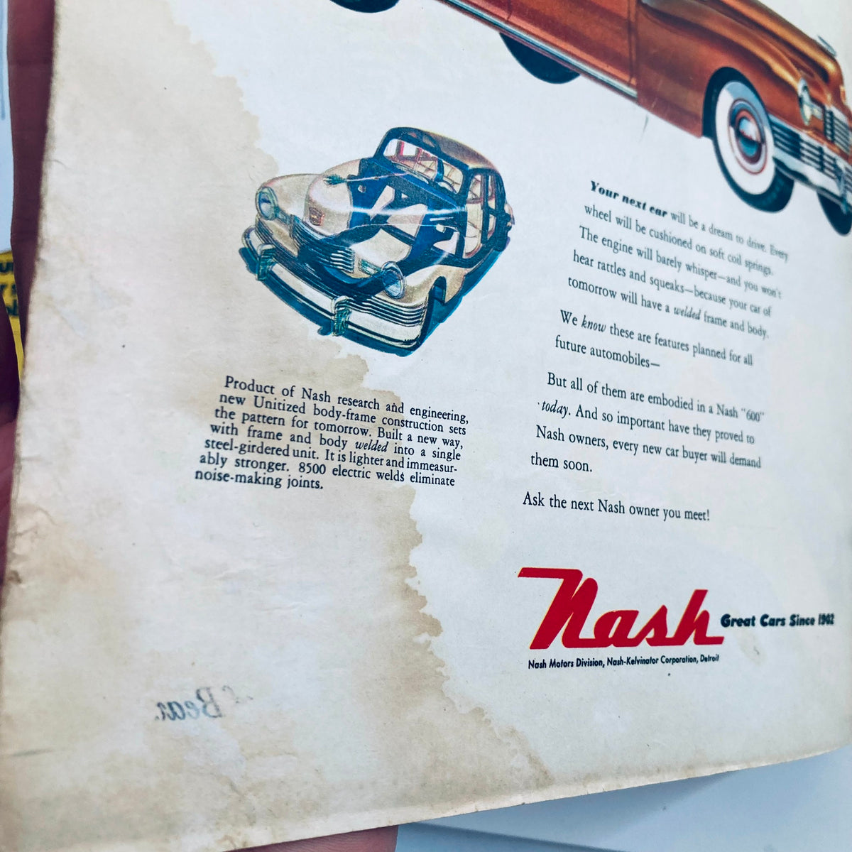 An advertisement page from VTG Look Magazine June 8 1948 featuring Nash automobiles, discussing innovations in car design and engineering.