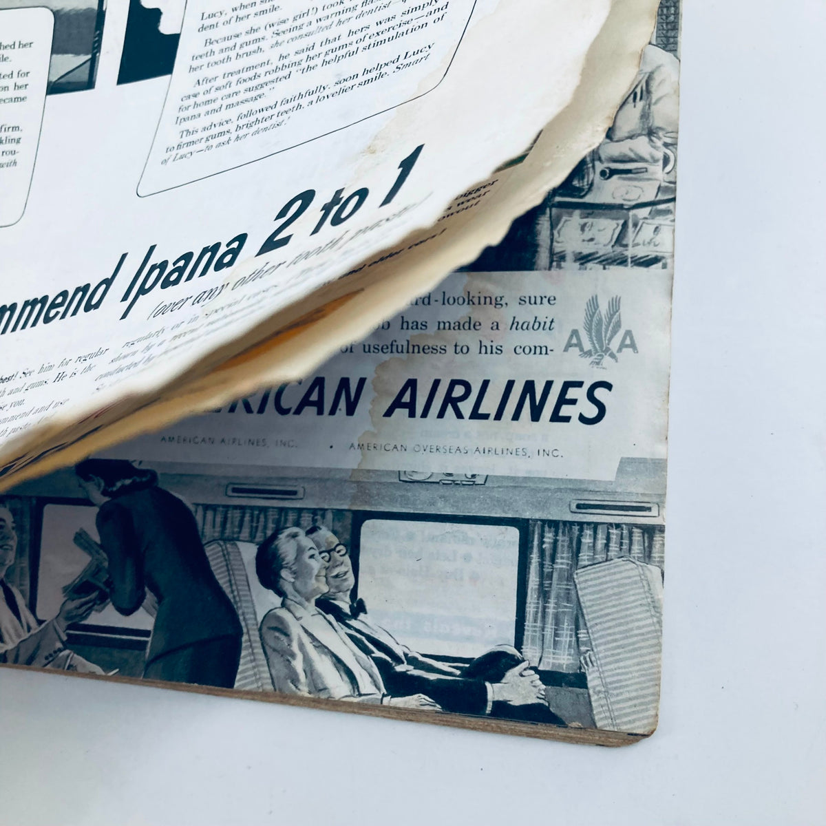 Close-up view of the vintage Look Magazine June 8, 1948 showcasing the rear advertising pages featuring American Airlines, with visible wear and tear.
