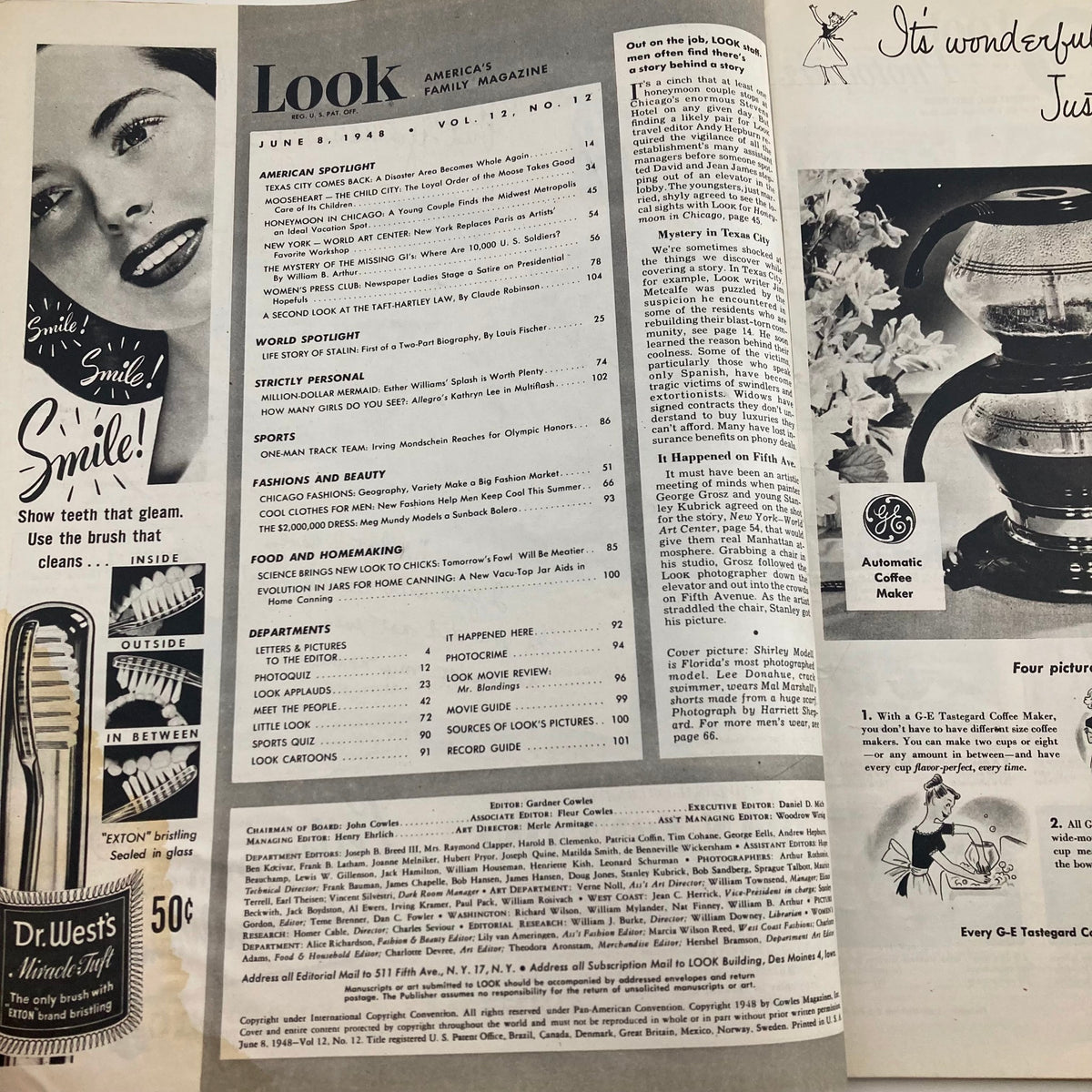 Inside pages of the vintage Look Magazine June 8, 1948 displaying the table of contents, highlighting articles, advertisements, and historical content.