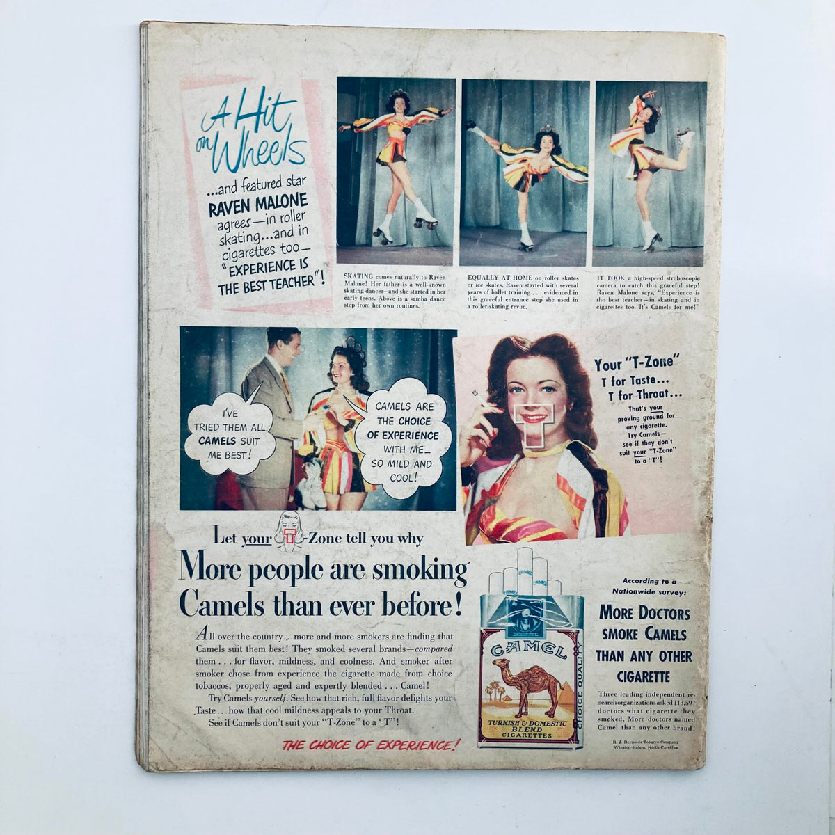 Back cover of the vintage Look Magazine June 8, 1948, featuring colorful advertisements promoting Camel cigarettes with an actress in roller skating attire.
