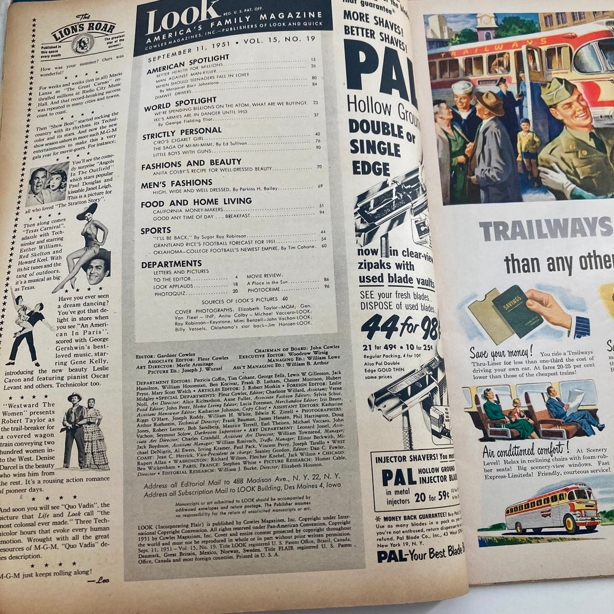 Interior page of VTG Look Magazine September 11 1951 Vol 15 No. 19 showcasing the table of contents and advertisements from the era.