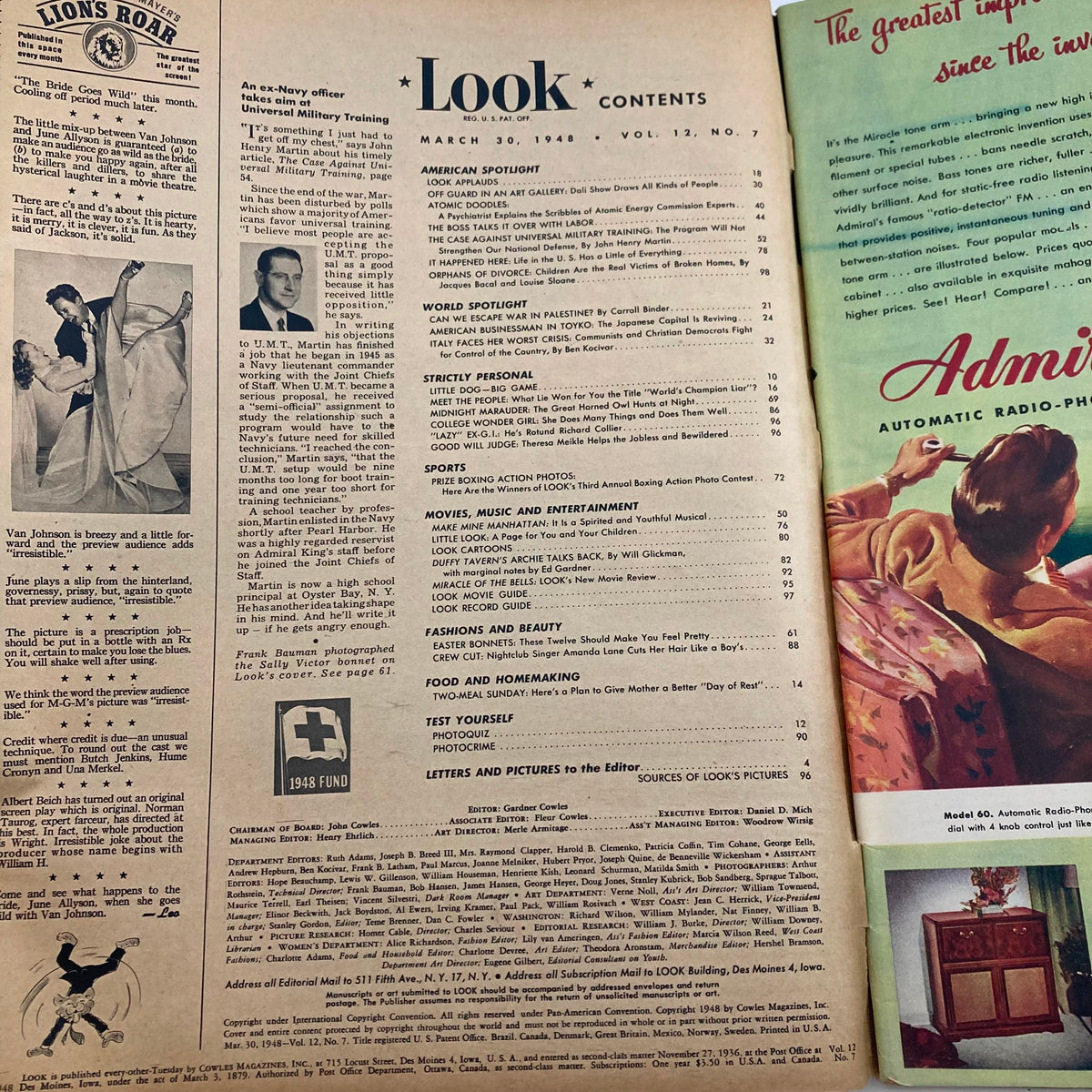 Table of contents page from VTG Look Magazine, March 30, 1948, Volume 12 Number 7, showcasing various articles, including features on Easter Bonnets and other cultural topics.