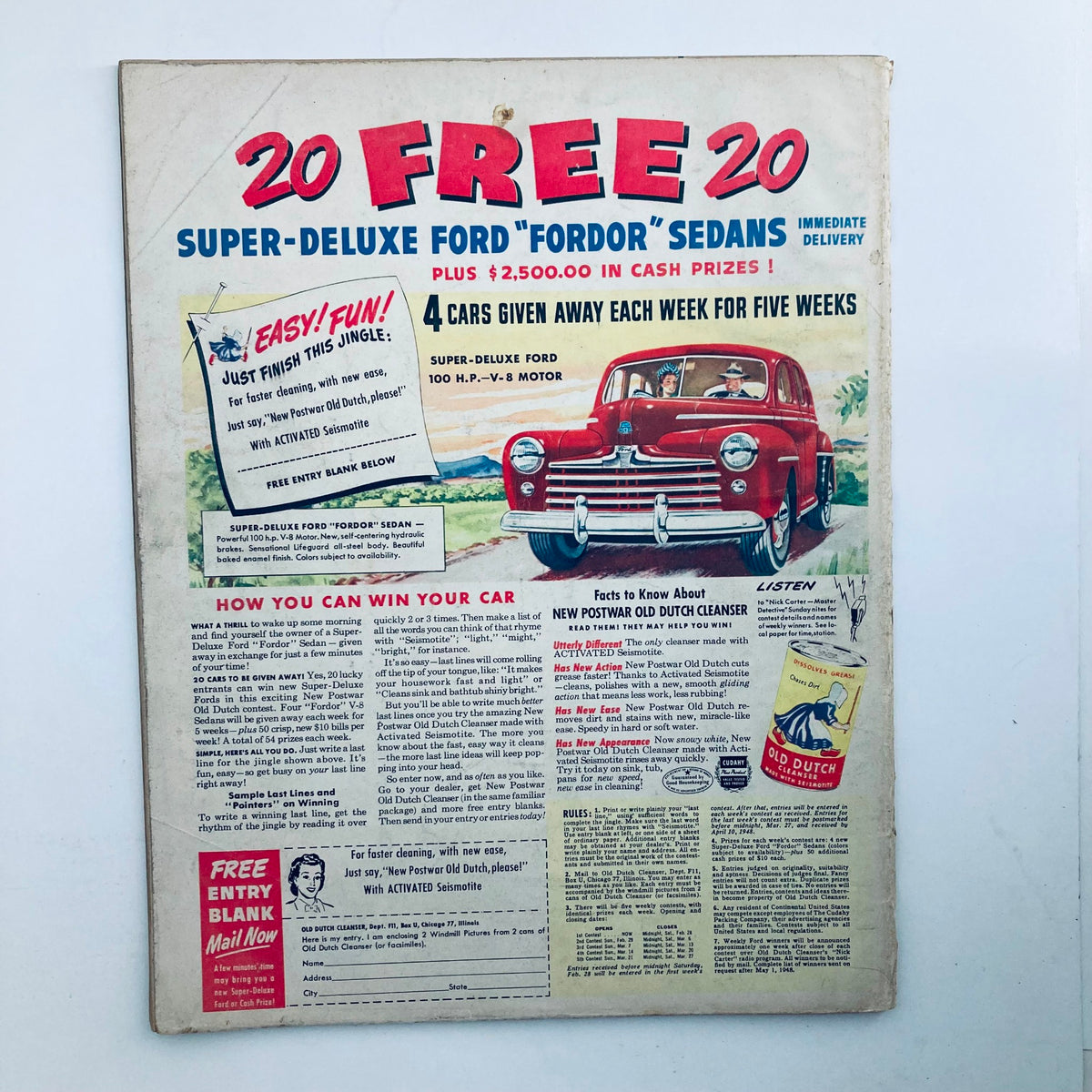 Back cover of VTG Look Magazine from March 30, 1948, Volume 12 Number 7, promoting a sweepstakes for Super-Deluxe Ford 'Fordor' Sedans alongside an advertisement for Old Dutch Cleanser.