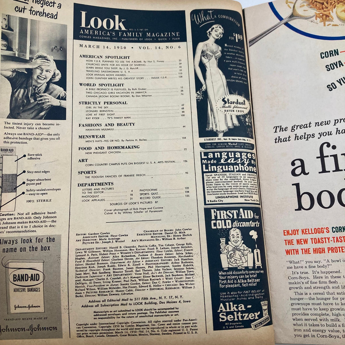 Table of contents from Look Magazine, March 14, 1950, Volume 14, Number 6 highlighting articles and features including American Spotlight, Fashions and Beauty, and Food and Homemaking.