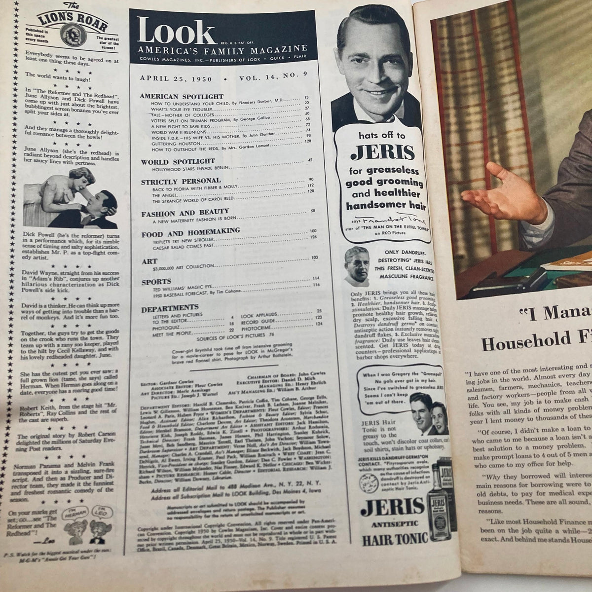Interior page of VTG Look Magazine April 25, 1950, displaying the table of contents and advertisements with a vintage aesthetic.