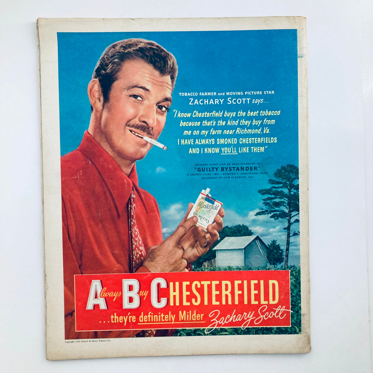 Back cover of VTG Look Magazine April 25, 1950 featuring an advertisement for Chesterfield cigarettes with actor Zachary Scott.