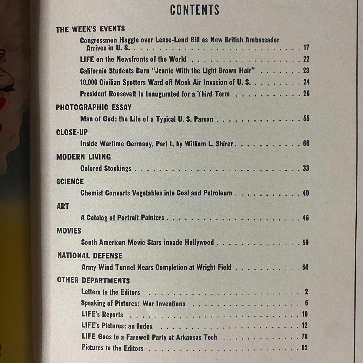 Contents page of Life Magazine, February 3, 1941, outlining articles, photographic essays, and sections related to war news, politics, and culture.