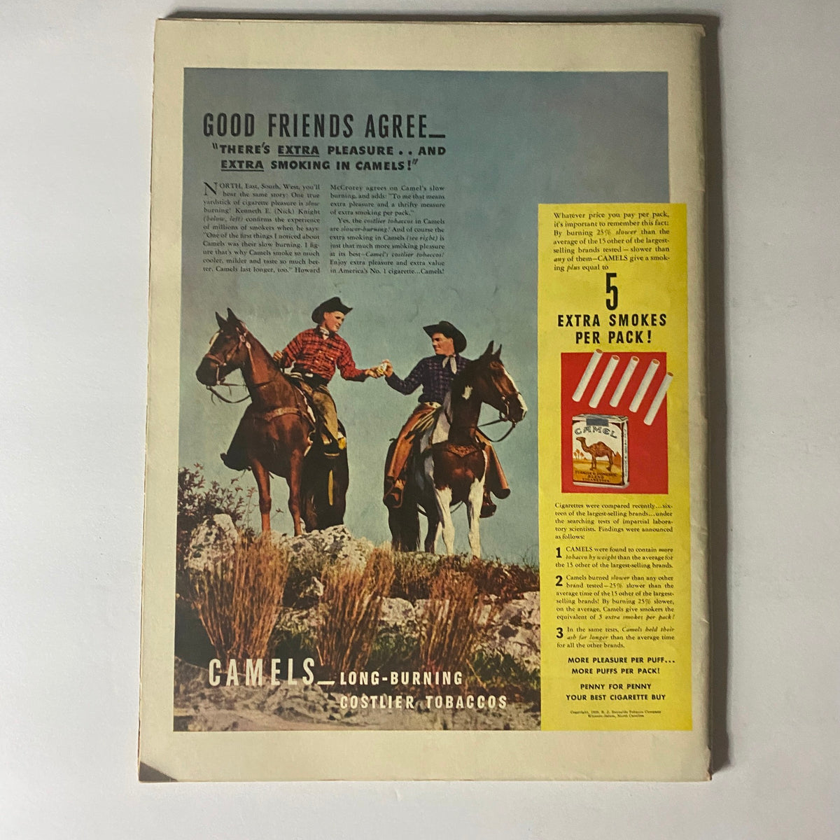 Back cover of Life Magazine December 11, 1939 with a colorful advertisement for Camels cigarettes featuring two cowboys on horseback.