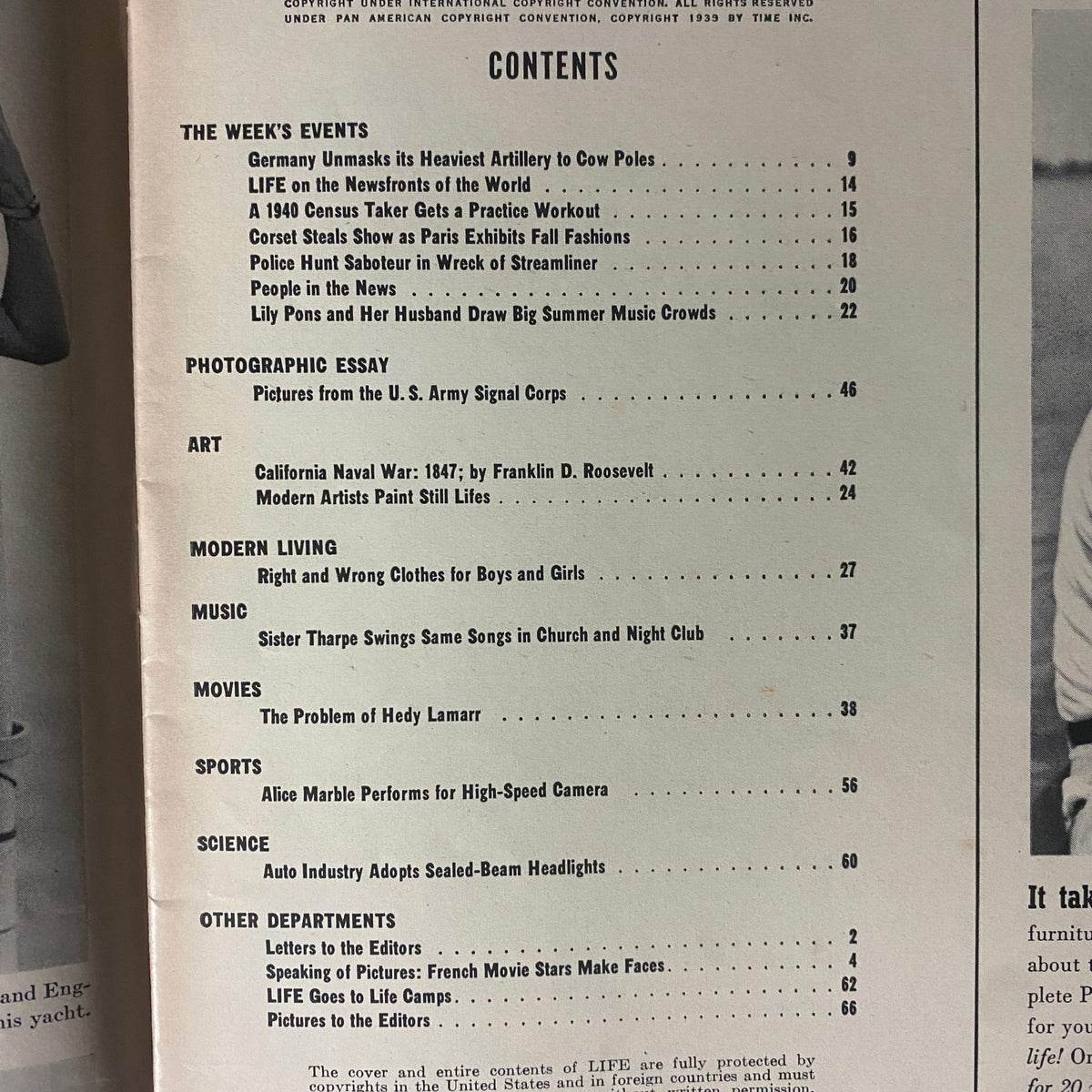 Contents page from Life Magazine August 28, 1939, detailing significant events and features, including articles on current news, music, and sports.