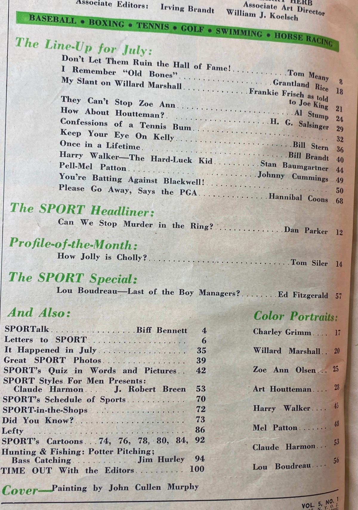Interior page of Sport Magazine July 1948 detailing the line-up of articles including contributions from Tom Meany and Grantland Rice, highlighting vintage sports journalism.