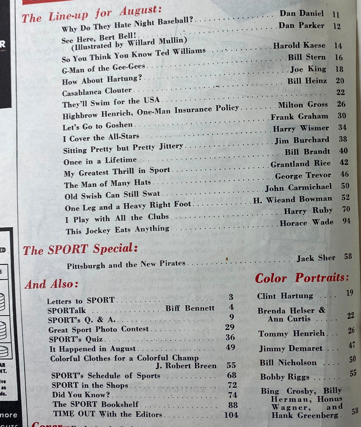 Sport Magazine August 1947 Ted Williams and Joe Cronin's Son Cover No Label