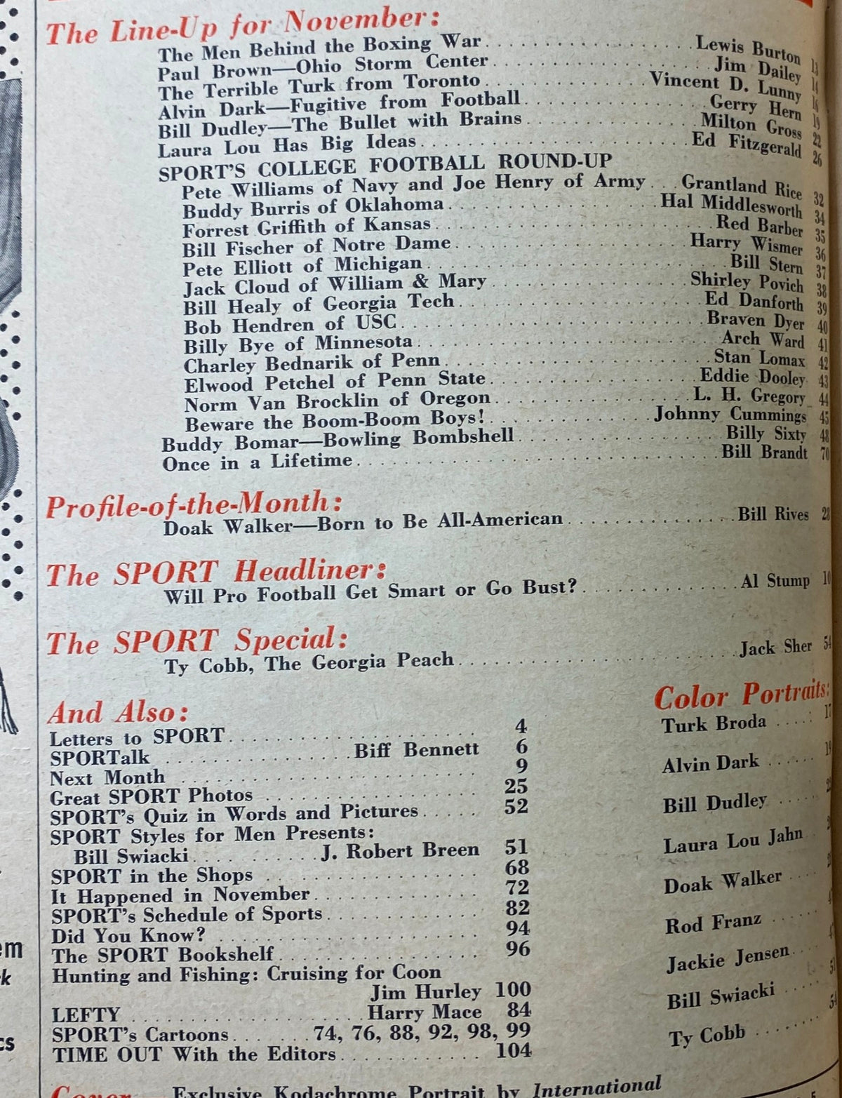 Interior page layout of Sport Magazine November 1948, listing features including Profile-of-the-Month: Doak Walker with articles on boxing and college football.