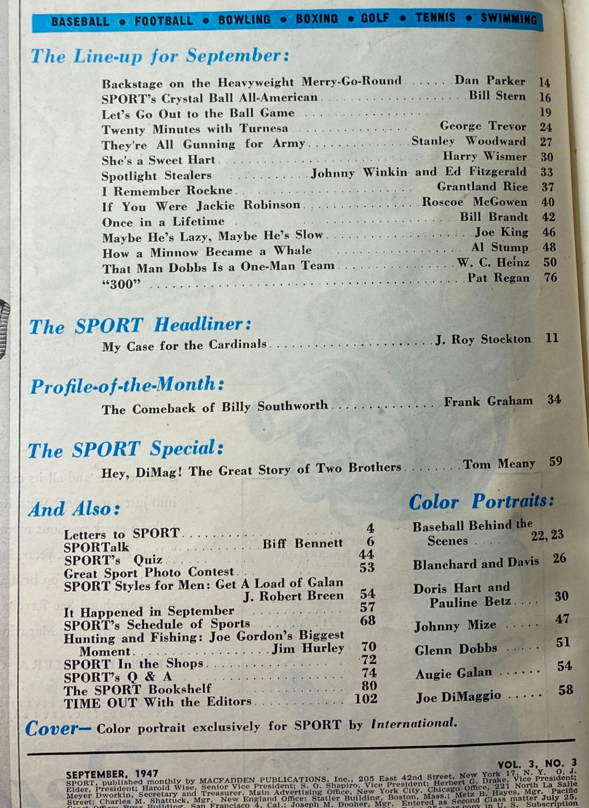 Contents page of Sport Magazine, September 1947, detailing articles including 'Hey DiMag! The Great Story of Two Brothers' by Tom Meany, highlighting sports history.