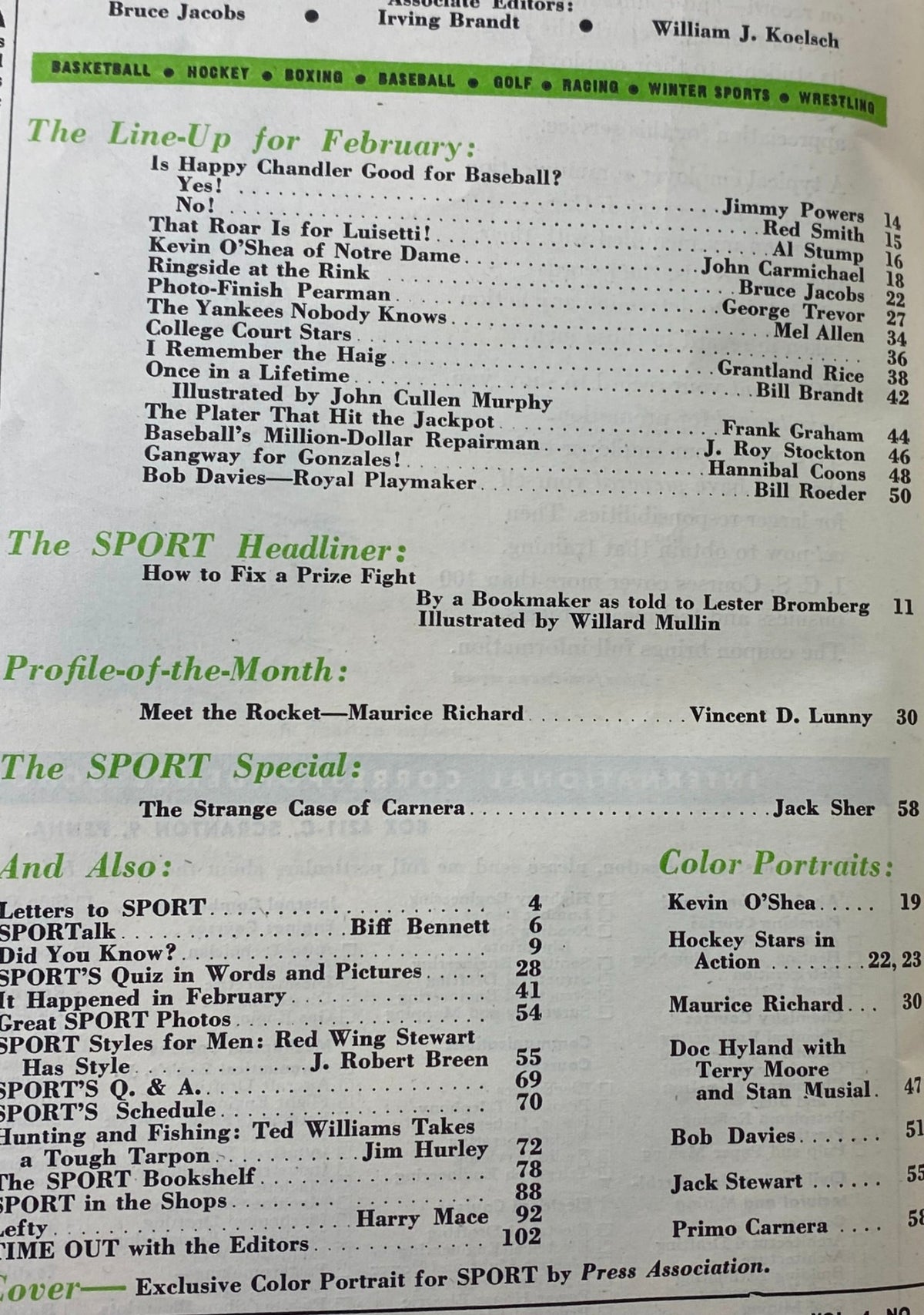 Interior page of Sport Magazine February 1948 featuring the line-up for February including notable articles about baseball, boxing, and hockey, along with a profile on Maurice Richard, representative of the Boston Bruins.