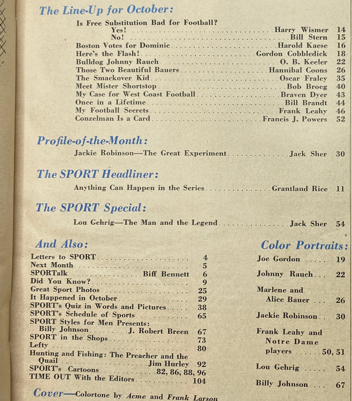 Sport Magazine October 1948 Lou Gehrig, Bill Fischer Cover No Label