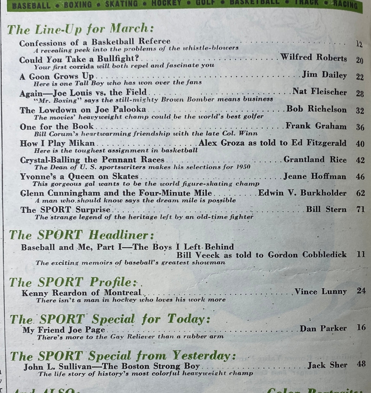 Interior contents page of Sport Magazine March 1950, listing articles with a focus on basketball and sports coverage.