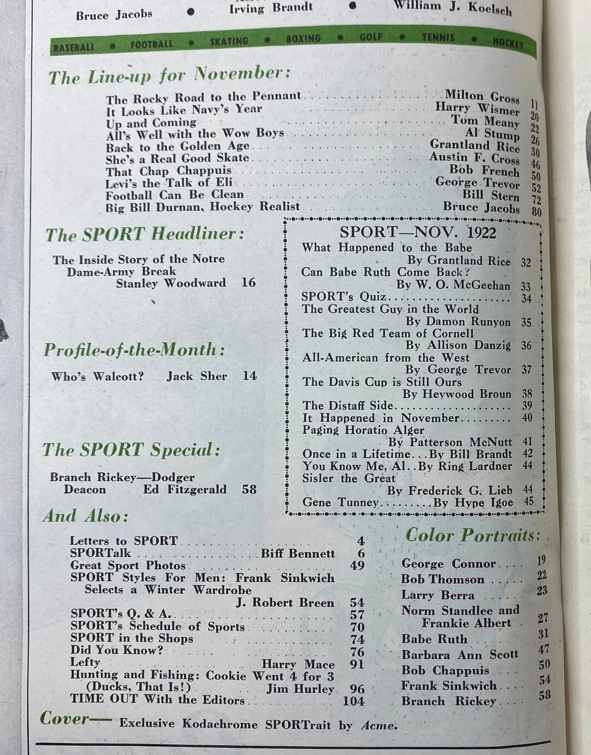 Table of contents for Sport Magazine November 1947, highlighting featured articles and sections including The SPORT Headliner and Profile-of-the-Month.