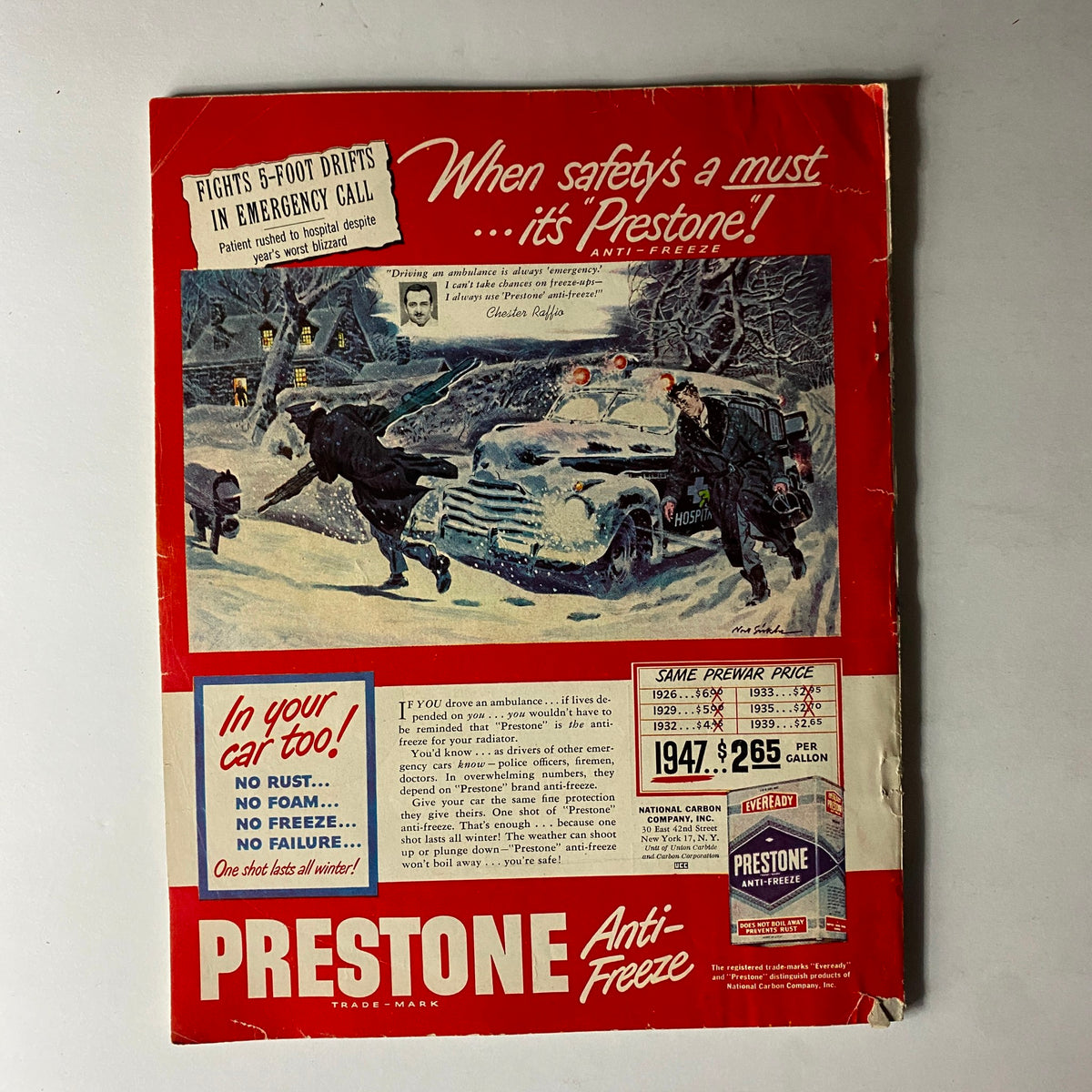 Back cover of the Sport Magazine November 1947, displaying a vintage advertisement for Prestone Anti-Freeze with an illustration of a snowy scene.