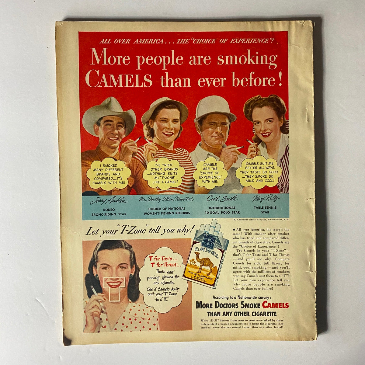 Back cover of Sport Magazine March 1948 featuring a vintage advertisement for Camels cigarettes with various celebrities endorsing the brand.