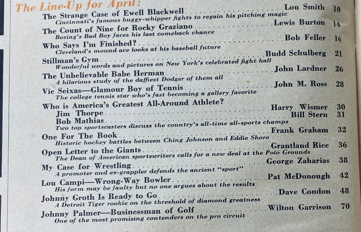 Page from Sport Magazine April 1949 showcasing the table of contents including articles like 'The Strange Case of Ewell Blackwell' and 'Who Says I’m Finished?' by Bob Feller. Captures the essence of 1940s sports journalism.
