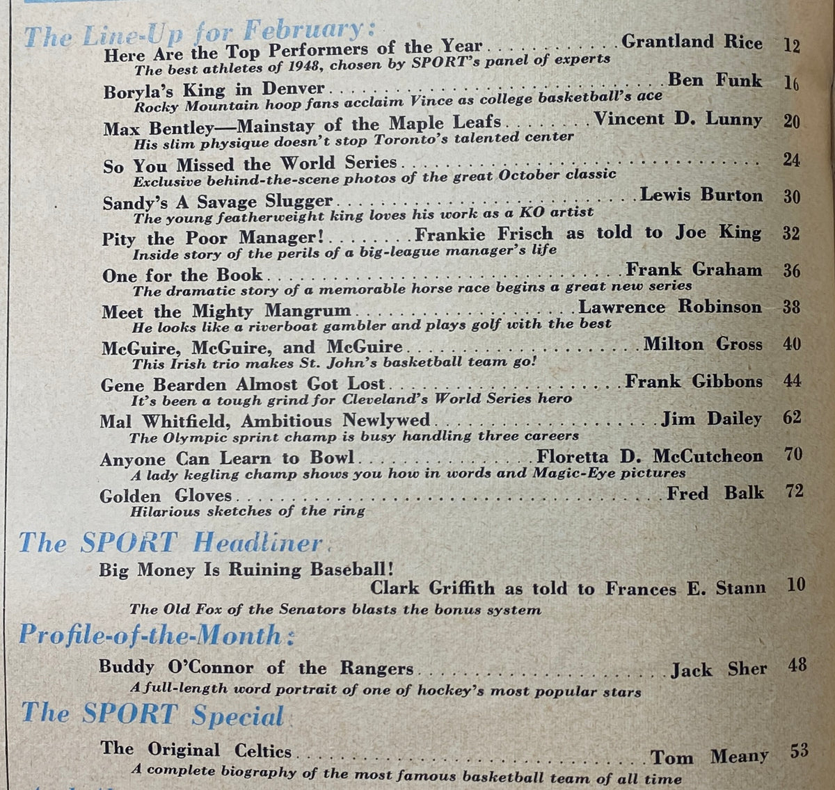 Content page from Sport Magazine February 1949 detailing the lineup of featured articles and athletes, including profiles and sports insights.