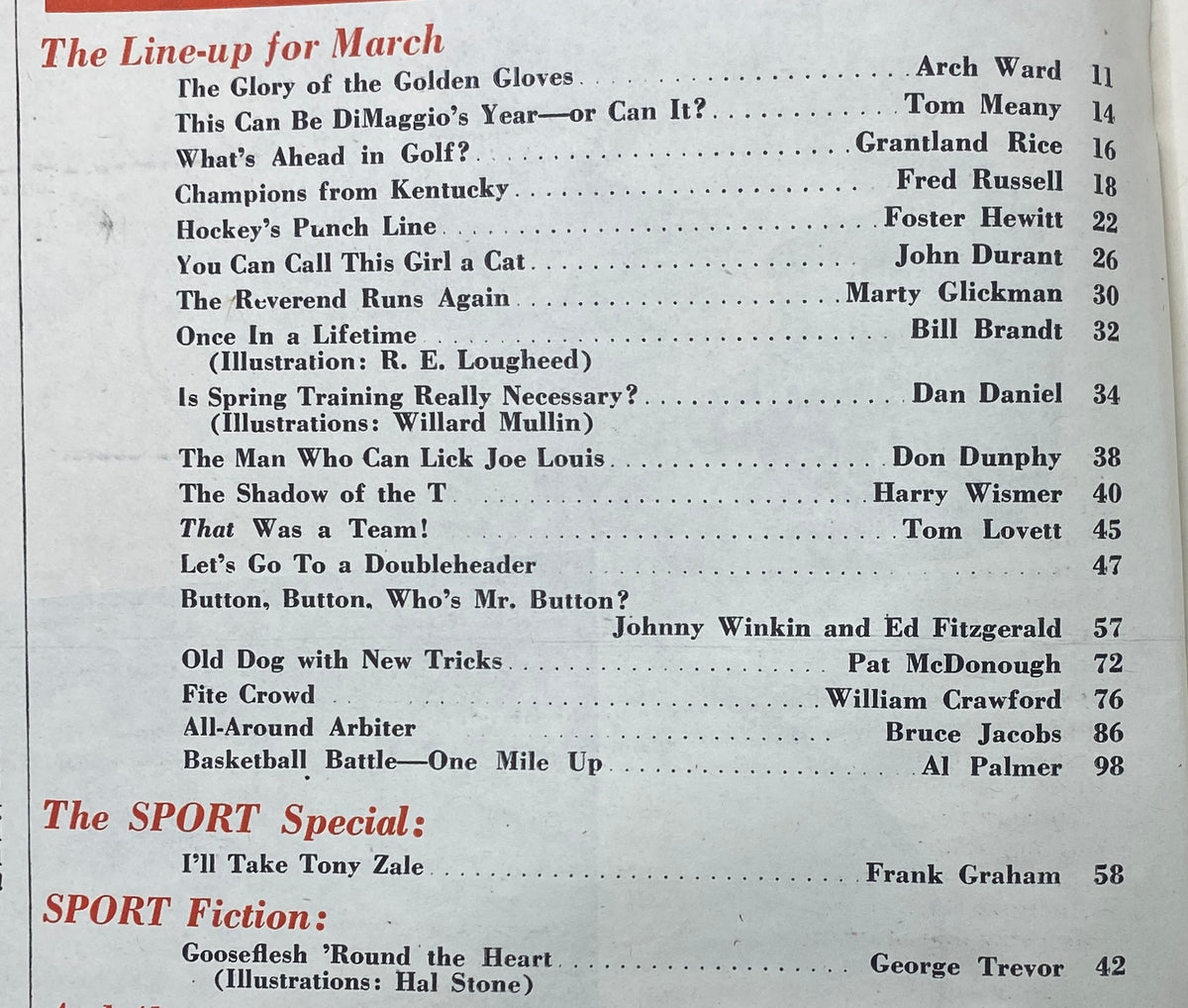 Sport Magazine March 1947 featuring Alex Groza on the cover, showcasing vintage sports history and articles on boxing, golf, and basketball.
