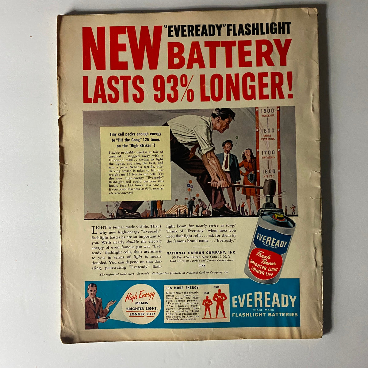 Back cover advertisement for Eveready flashlight batteries from the March 1947 issue of Sport Magazine, highlighting energy efficiency and brightness.