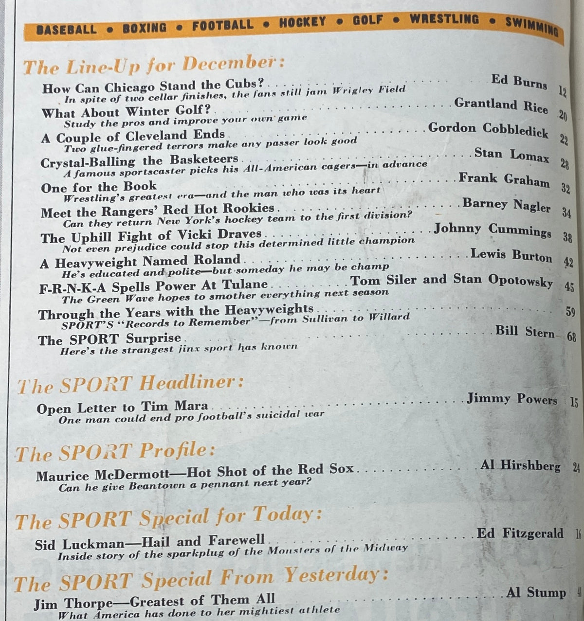 Table of contents from Sport Magazine December 1949, featuring articles on sports topics including basketball and football.