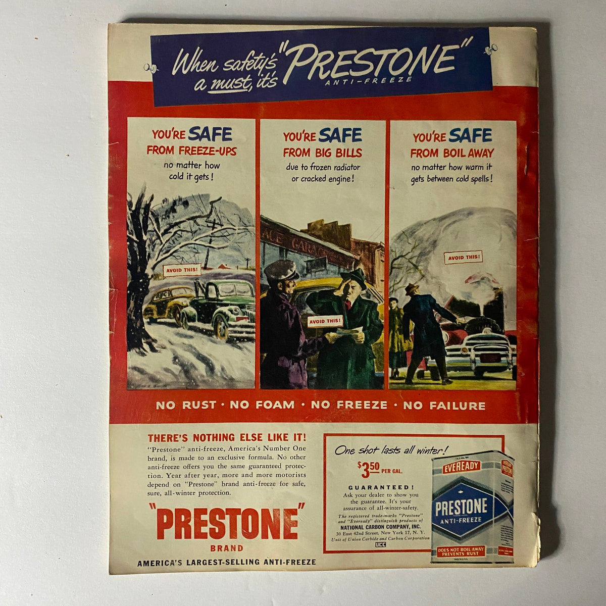 Back cover of Sport Magazine December 1949 advertising Prestone anti-freeze, emphasizing winter safety for vehicles.