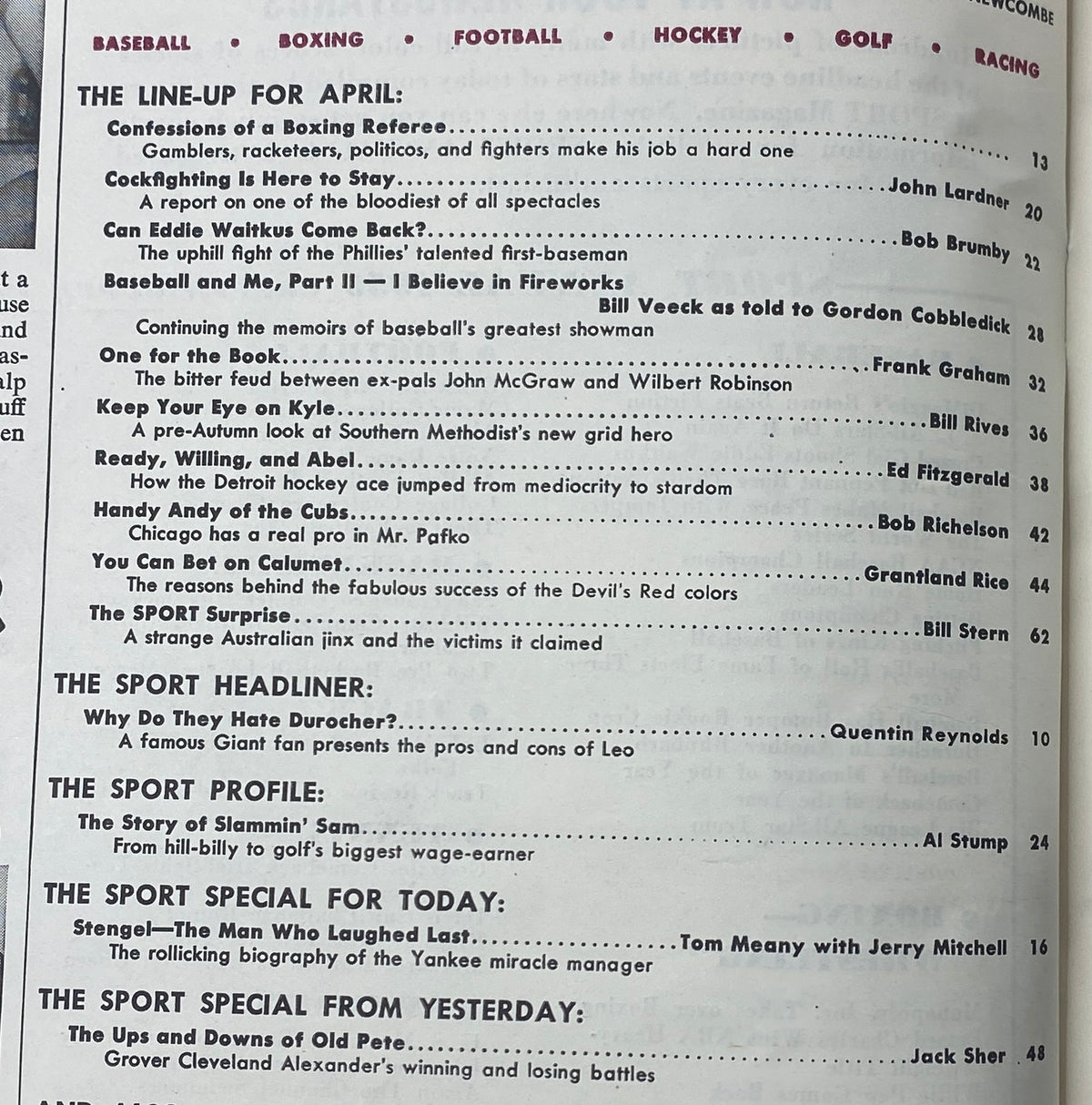 Interior page of Sport Magazine April 1950 detailing articles on sports including Eddie Waitkus and Handy Andy of the Chicago Cubs.