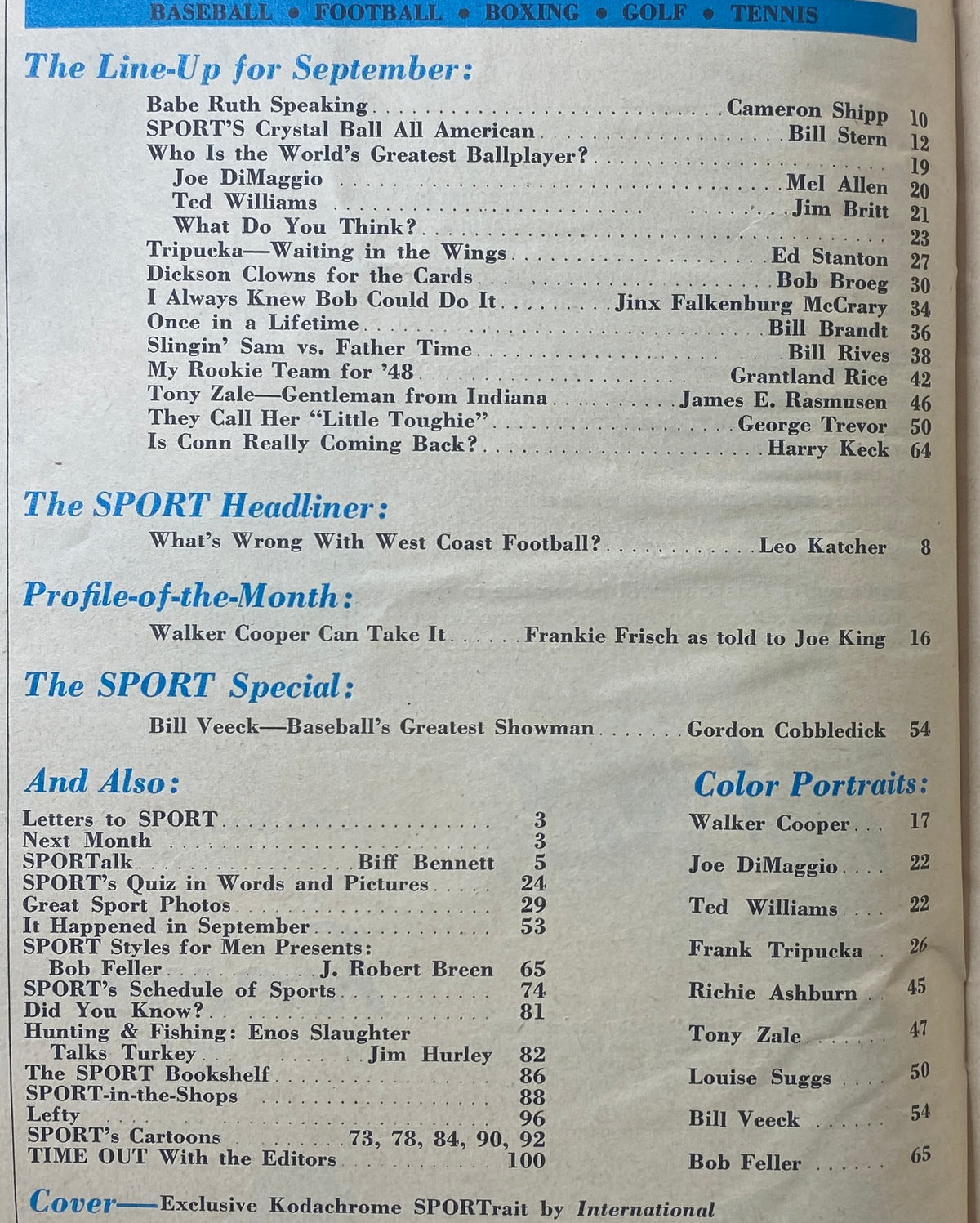 Interior page from Sport Magazine September 1948 showcasing the table of contents, featuring articles on Babe Ruth and the debate on the world's greatest ballplayer.