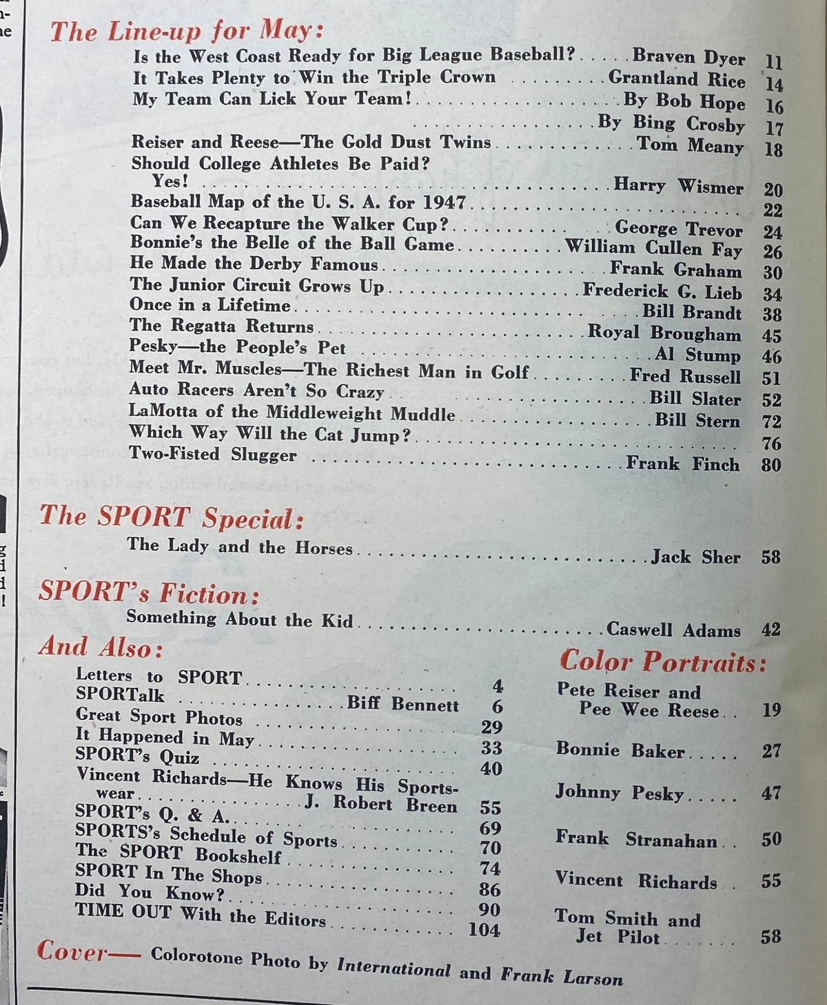 Interior page of Sport Magazine May 1947 showcasing the Table of Contents with articles including 'Is the West Coast Ready for Big League Baseball?' and coverage of various sports.