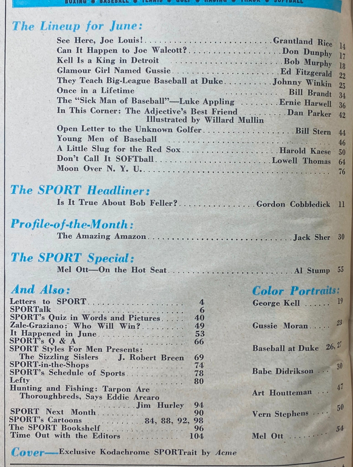 Inside page of the June 1948 Sport Magazine featuring the lineup of articles including 'See Here, Joe Louis!' and profiles of athletes like George Kell and Bob Feller.