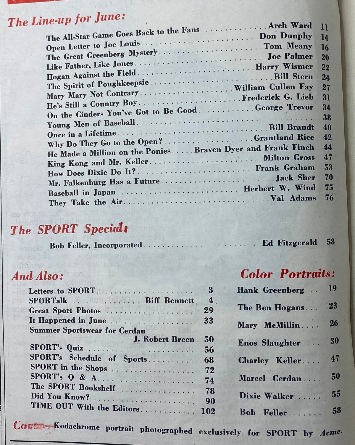 Interior page of Sport Magazine June 1947 showcasing the lineup and featured articles, emphasizing its historical value for sports enthusiasts.