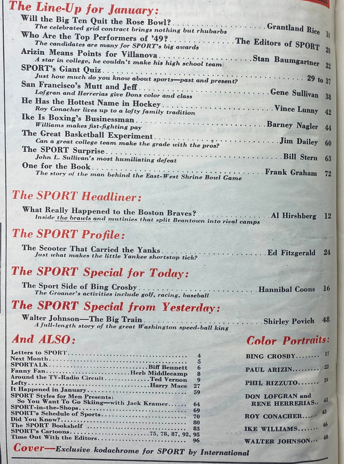 Interior page of Sport Magazine January 1950, showcasing the Table of Contents with features like 'Will the Big Ten Quit the Rose Bowl?' and articles on sports figures and events.