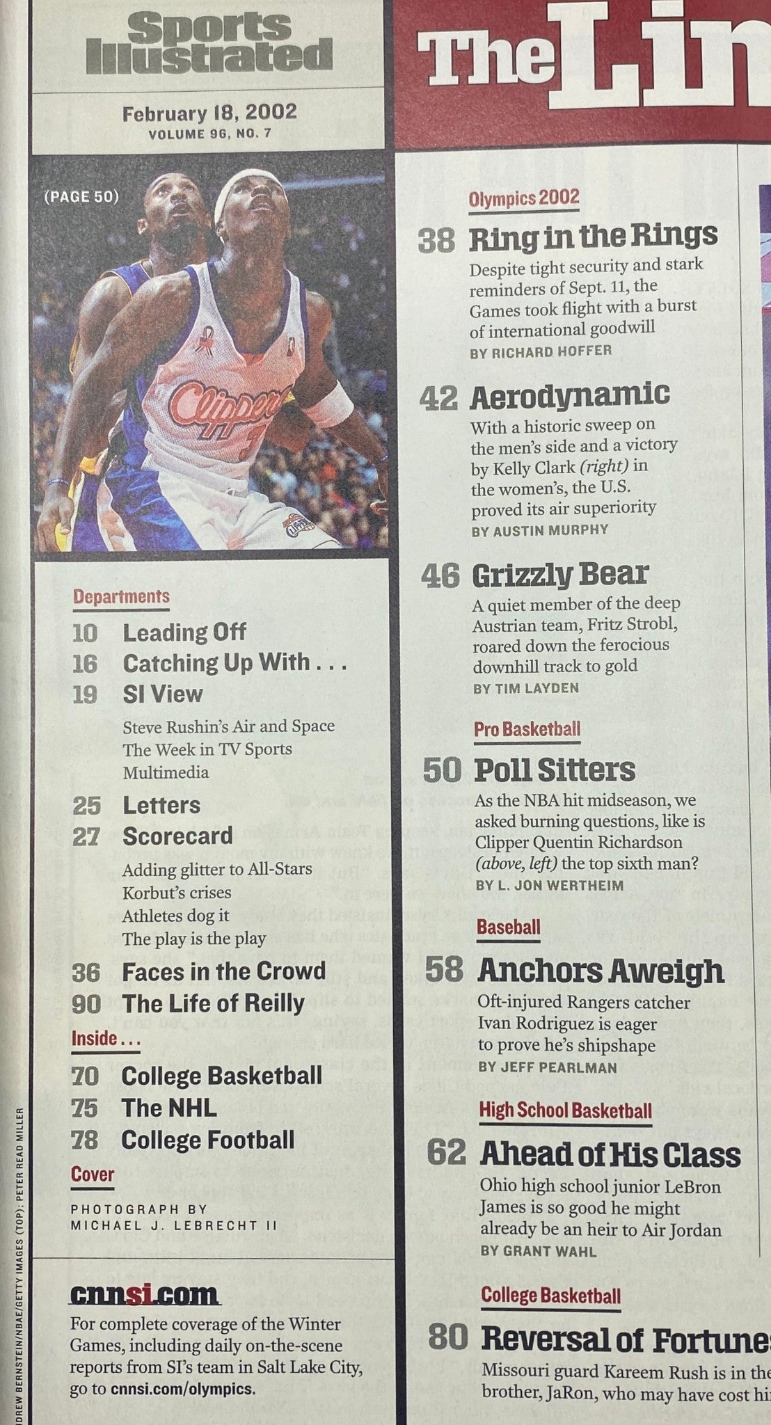 Inside page of Sports Illustrated February 18, 2002, showcasing the table of contents including notable features on the Olympics 2002 and basketball.
