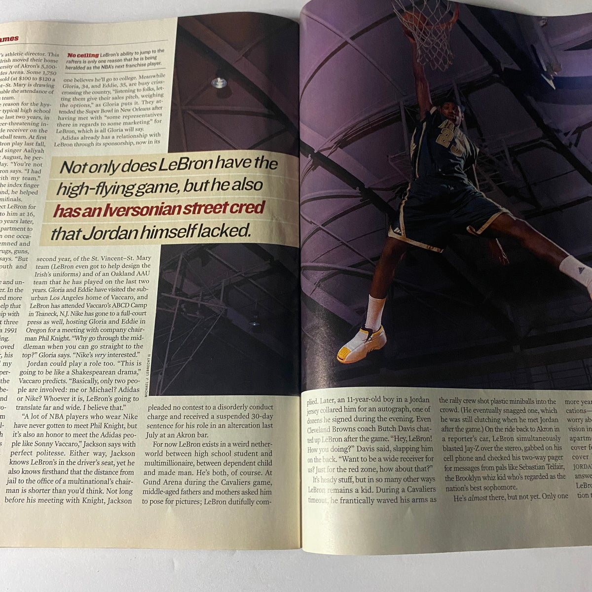 Sports Illustrated February 18, 2002 LeBron James Cover detailing LeBron's high-flying game and his unique street cred, highlighting his early basketball prominence.