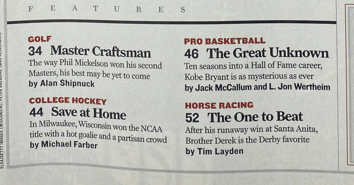 Inside features of Sports Illustrated April 17, 2006, highlighting articles on Phil Mickelson's second Masters win, college basketball, and horse racing.
