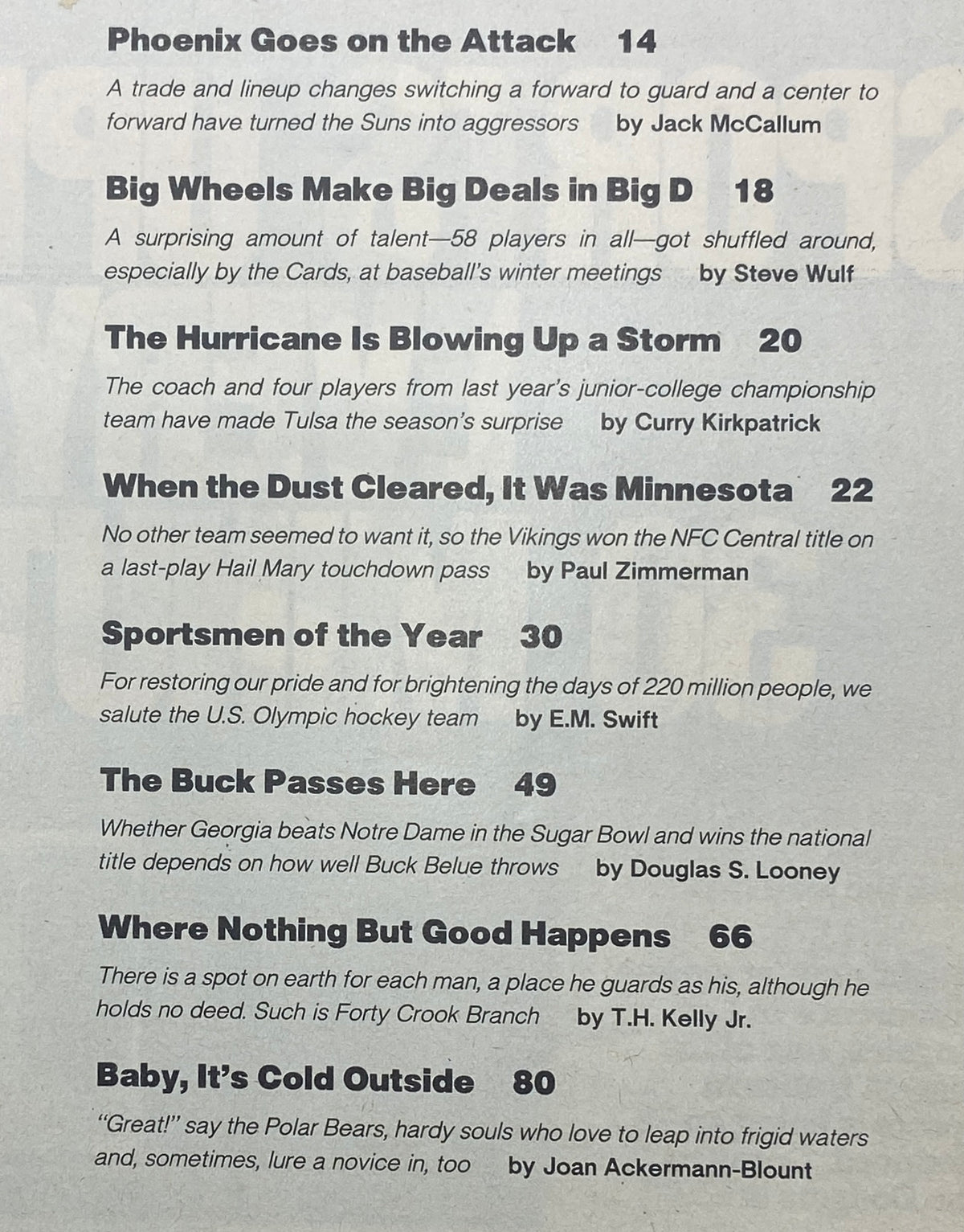 Cover of the Sports Illustrated magazine from December 22-29, 1980, featuring articles including 'Phoenix Goes on the Attack' and 'Big Wheels Make Big Deals in Big D', highlighting the U.S. Olympic Hockey Team.