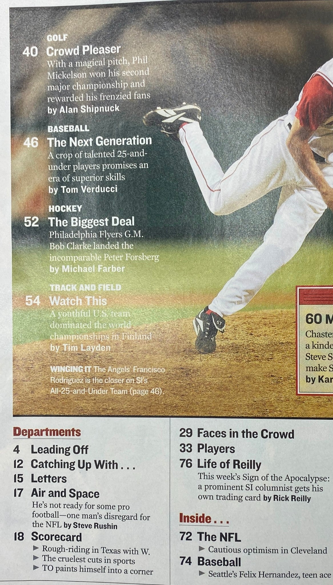Interior page of Sports Illustrated Magazine August 22, 2005 showing articles on Phil Mickelson's win, baseball's next generation, and hockey updates.