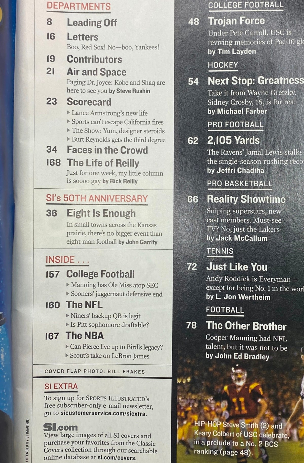 Sports Illustrated Magazine November 10, 2003 featuring 'Leading Off' and 'The Life of Reilly' sections, showcasing the contents page with various sports topics and articles.