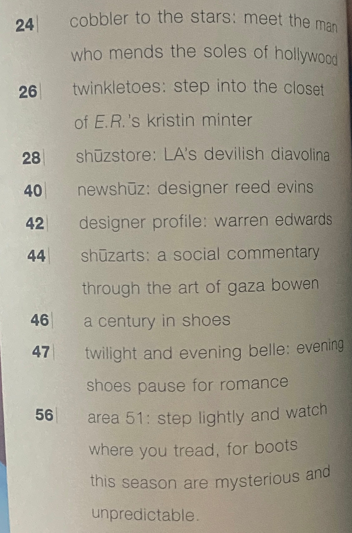 Table of contents for Shuz Magazine Fall / Winter 1999, Vol 2 No. 2, listing featured articles like 'Cobbler to the Stars' and 'Shüzstore: LA's devilish diavolina'.